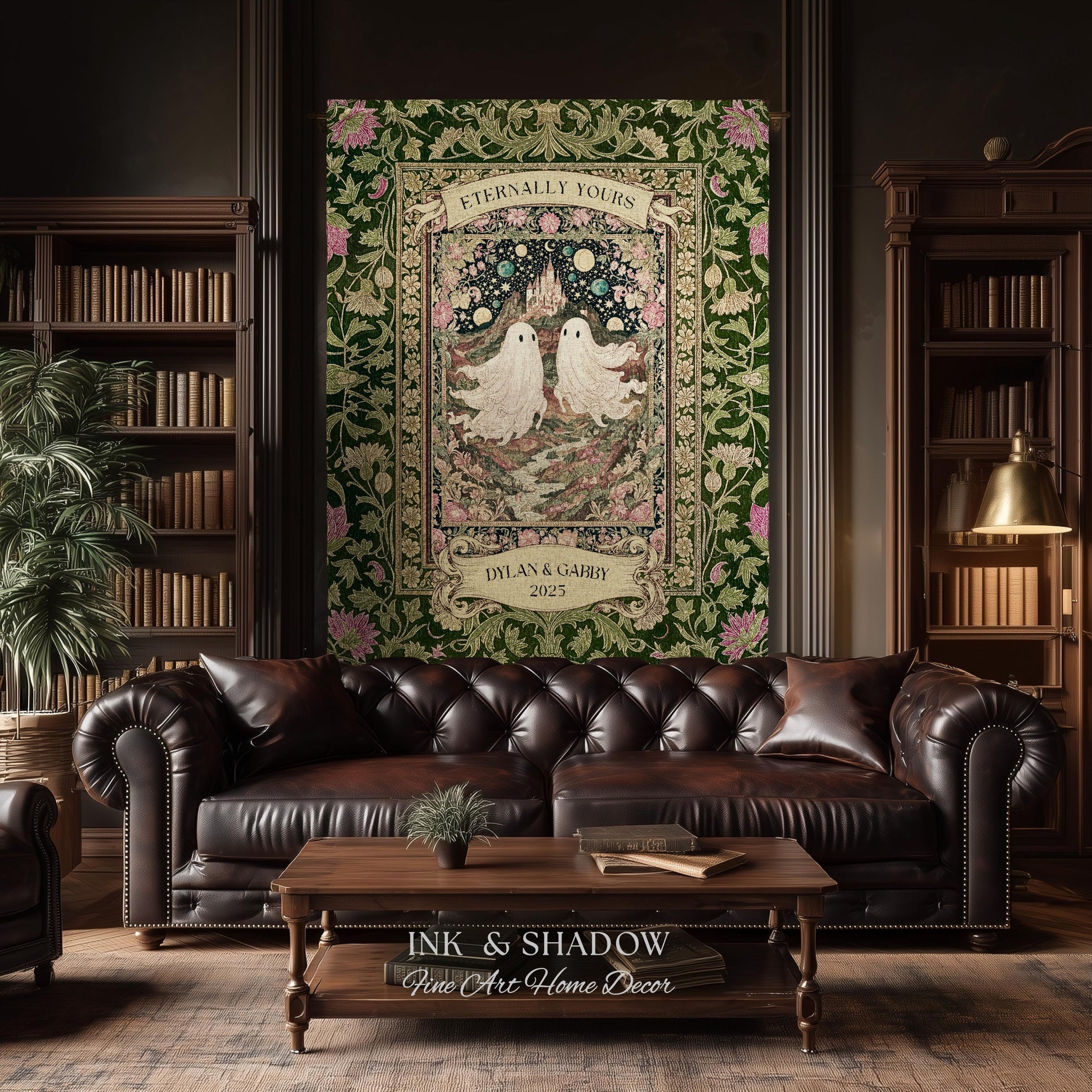Whimsical Ghost Soulmates Custom Couple Tapestry Woven Wall Art Wedding Gift | Romantic Castlecore Eternally Yours Personalized Anniversary
