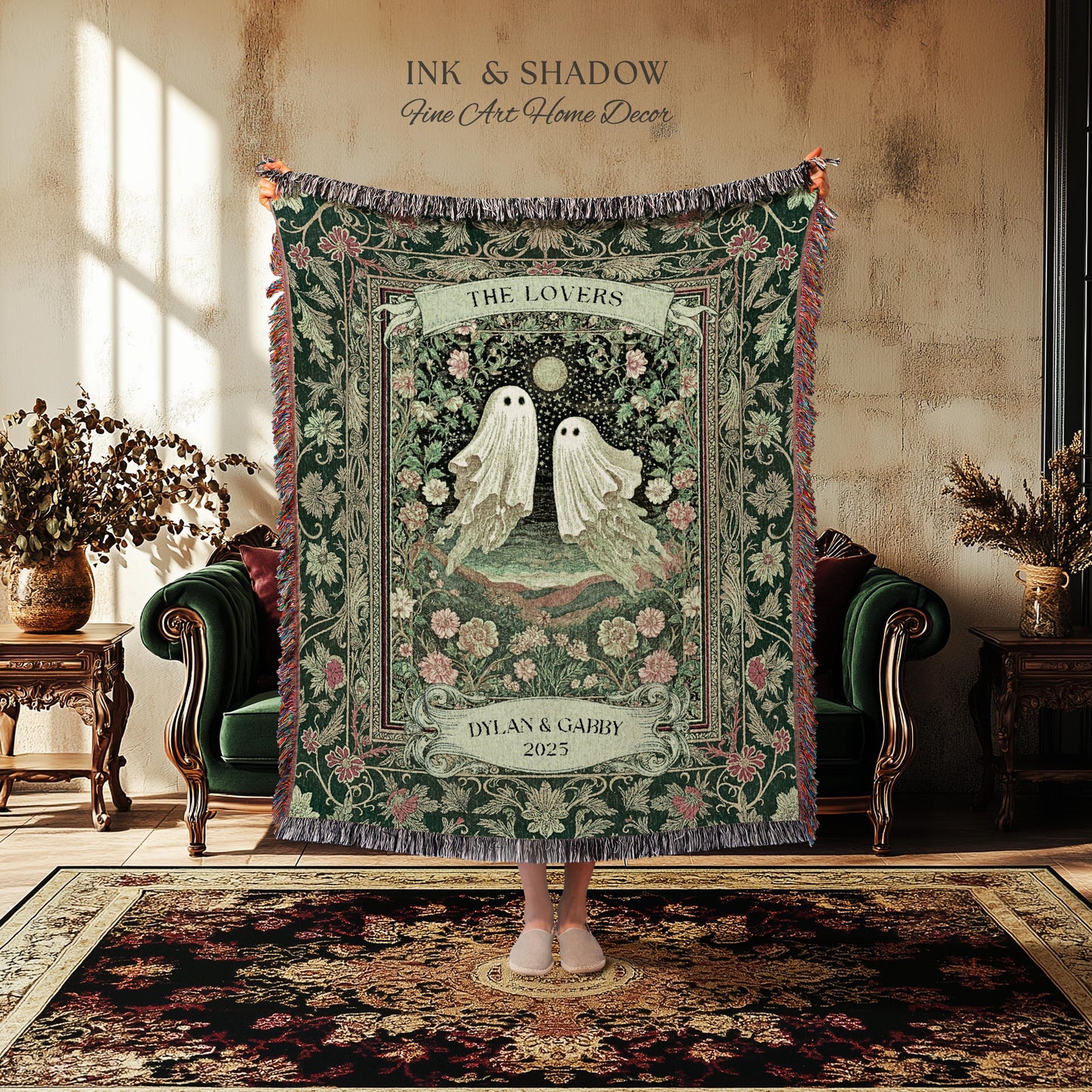 The Lovers Ghost Couple Floral Folklore Woven Throw Blanket Personalized Anniversary Keepsake, Enchanted Botanical Moonlit Cozy Cute Wedding