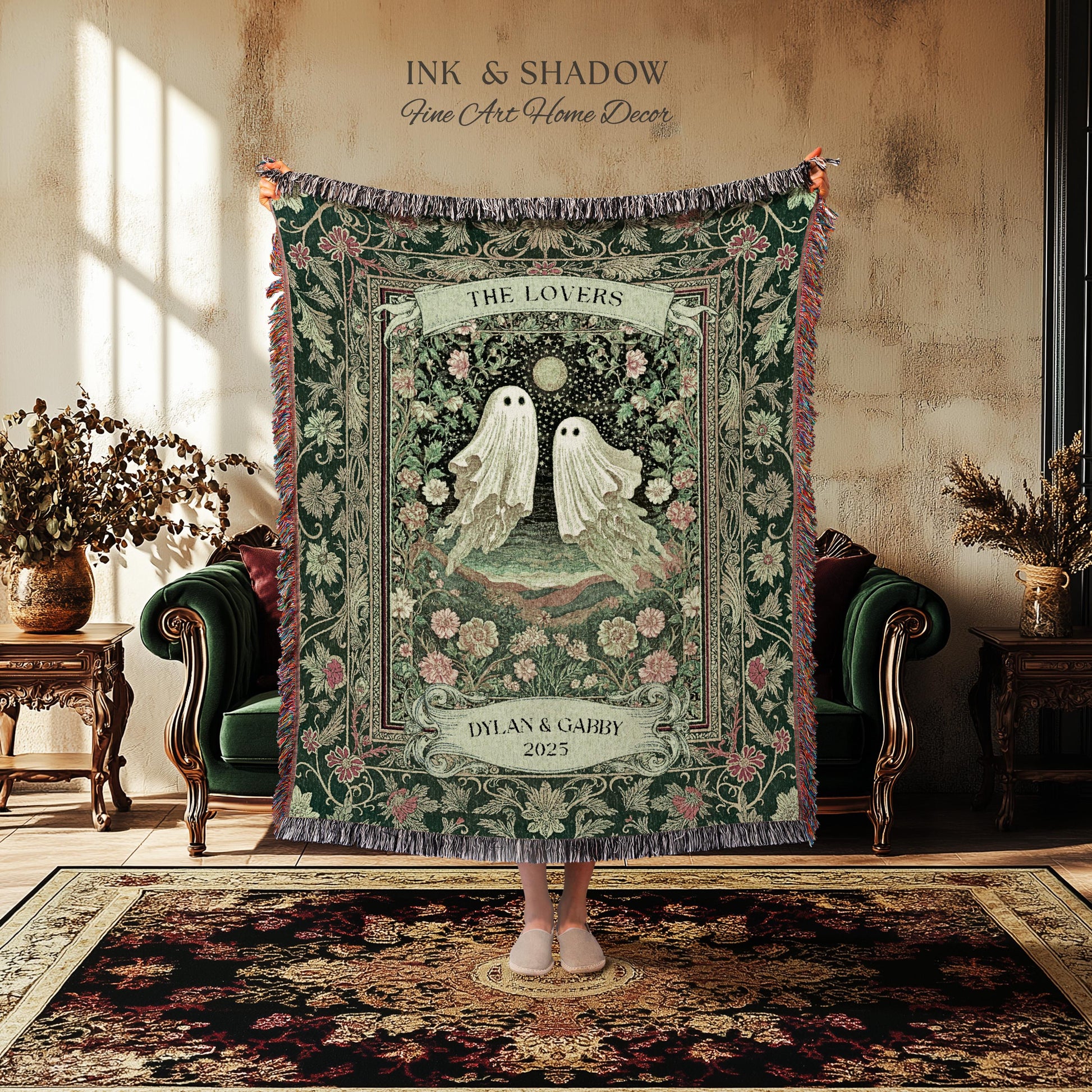 The Lovers Ghost Couple Floral Folklore Woven Throw Blanket Personalized Anniversary Keepsake, Enchanted Botanical Moonlit Cozy Cute Wedding