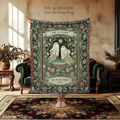 The Lovers Ghost Couple Floral Folklore Woven Throw Blanket Personalized Anniversary Keepsake, Enchanted Botanical Moonlit Cozy Cute Wedding