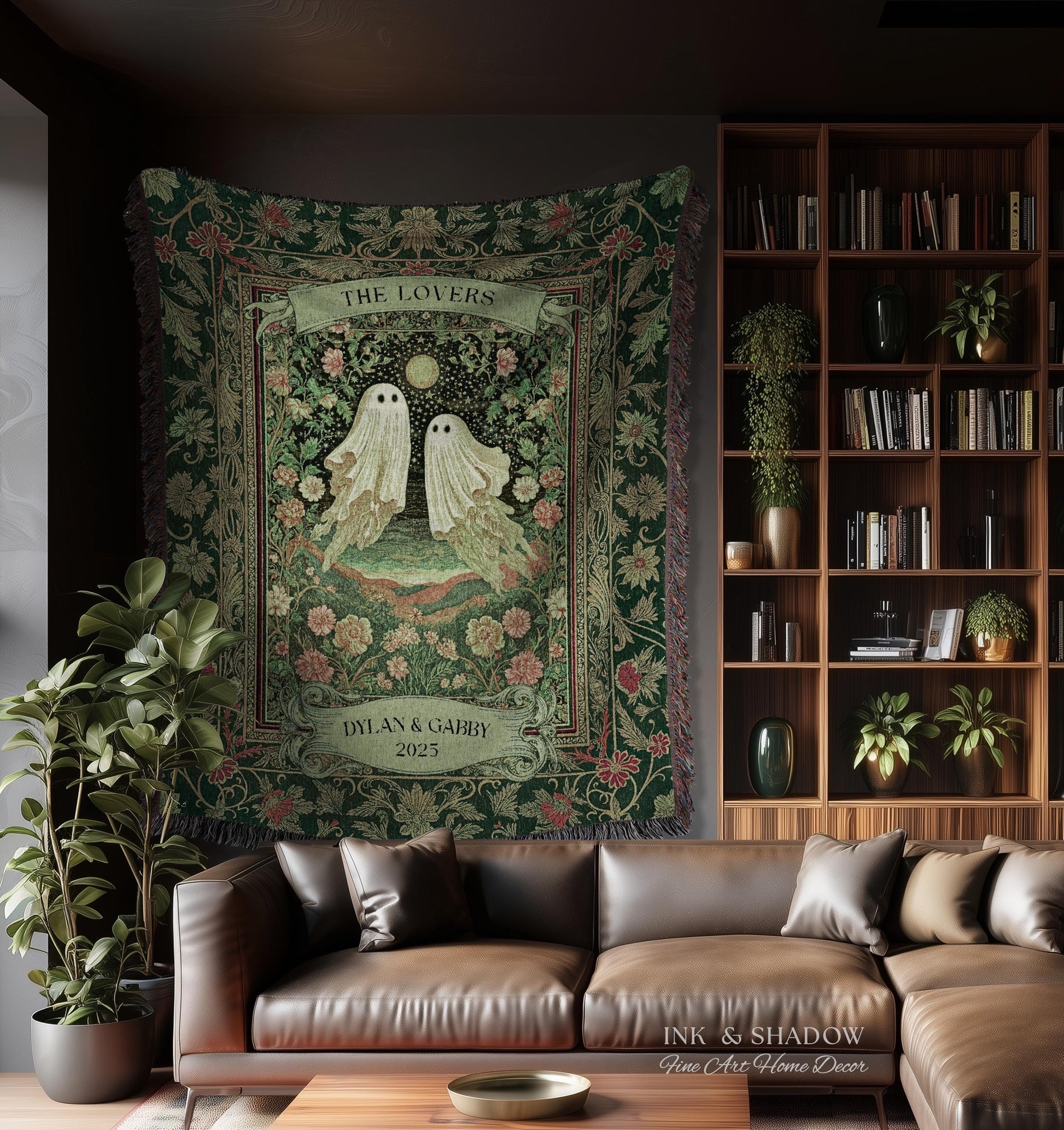 The Lovers Ghost Couple Floral Folklore Woven Throw Blanket Personalized Anniversary Keepsake, Enchanted Botanical Moonlit Cozy Cute Wedding