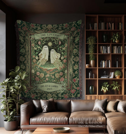 The Lovers Ghost Couple Floral Folklore Woven Throw Blanket Personalized Anniversary Keepsake, Enchanted Botanical Moonlit Cozy Cute Wedding