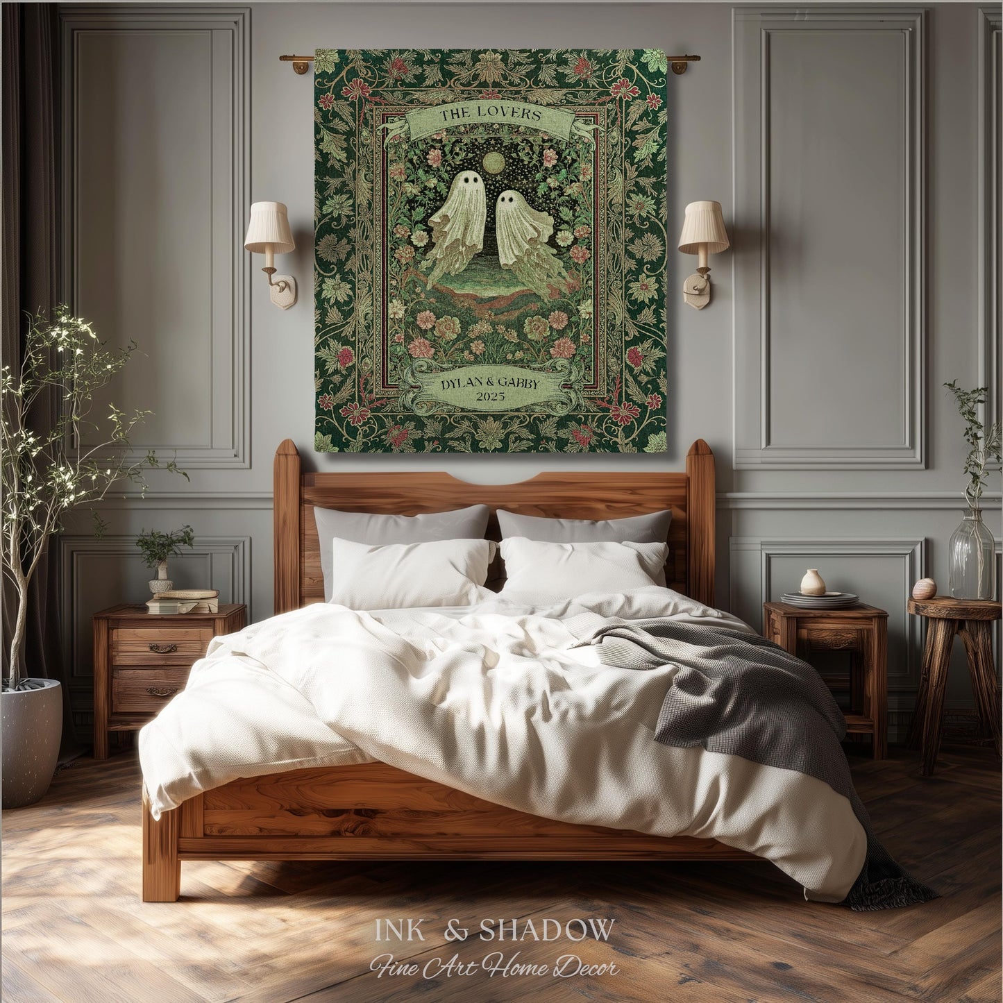 The Lovers Ghost Couple Floral Folklore Woven Throw Blanket Personalized Anniversary Keepsake, Enchanted Botanical Moonlit Cozy Cute Wedding