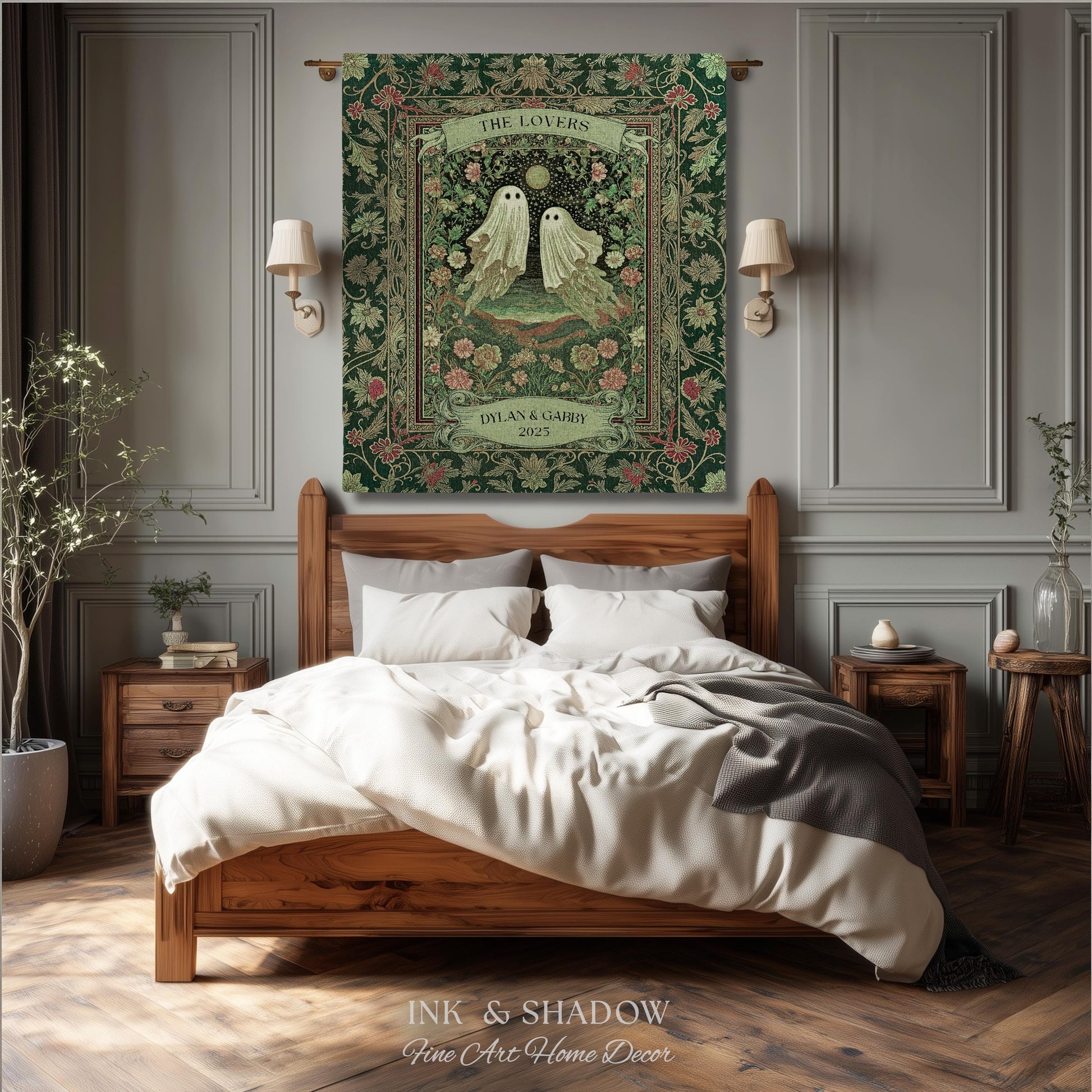 The Lovers Ghost Couple Floral Folklore Woven Throw Blanket Personalized Anniversary Keepsake, Enchanted Botanical Moonlit Cozy Cute Wedding