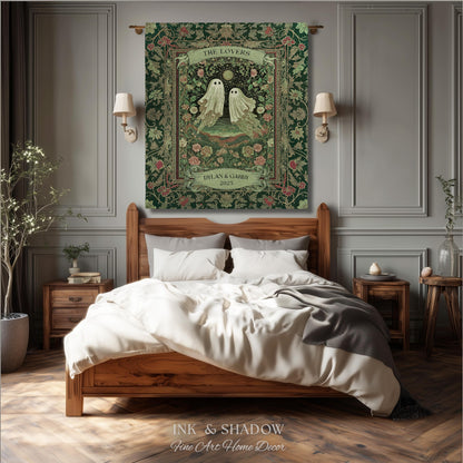 The Lovers Ghost Couple Floral Folklore Woven Throw Blanket Personalized Anniversary Keepsake, Enchanted Botanical Moonlit Cozy Cute Wedding