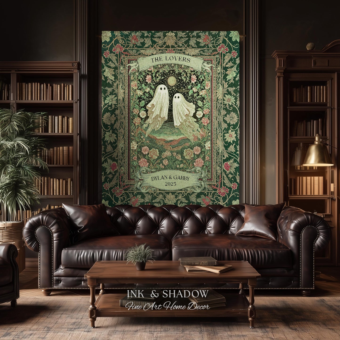 The Lovers Ghost Couple Floral Folklore Woven Throw Blanket Personalized Anniversary Keepsake, Enchanted Botanical Moonlit Cozy Cute Wedding