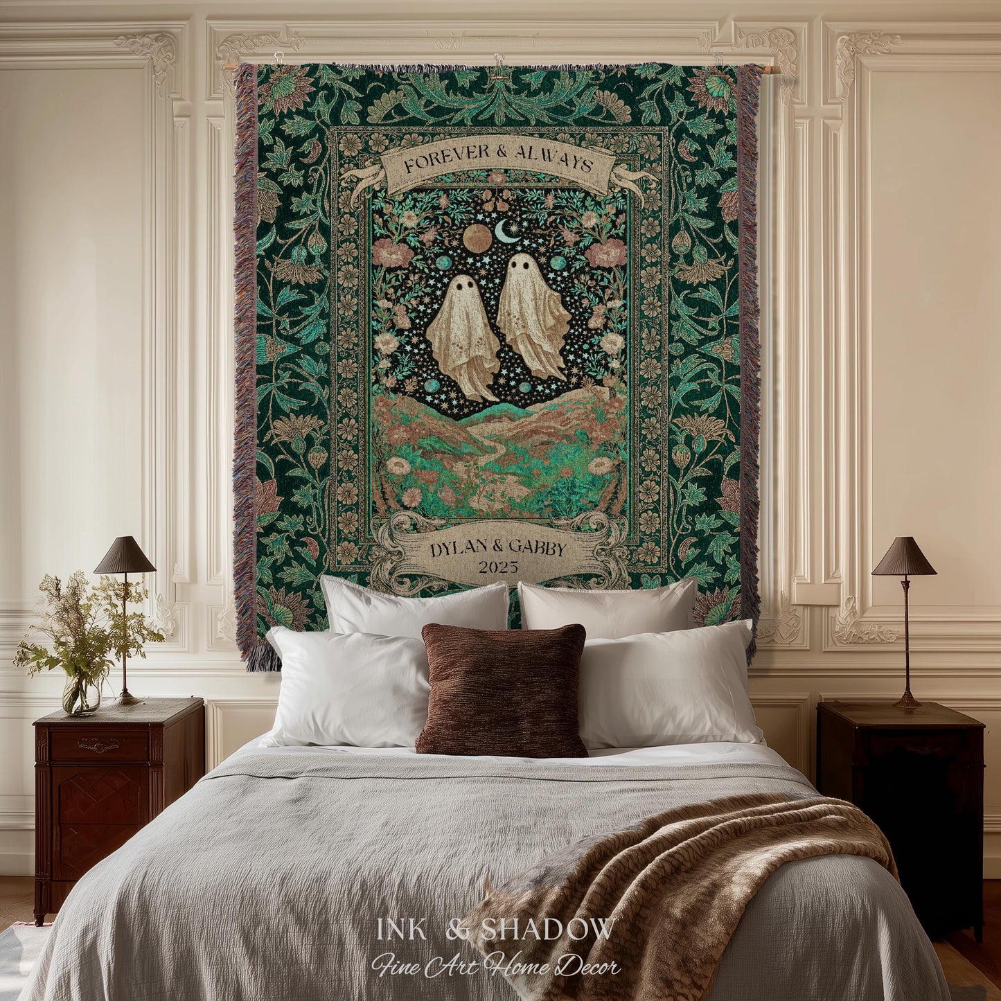 Celestial Ghost Lovers Woven Throw Personalized Couple Tapestry Forever & Always Starlit Courtship Teal Dreamscape Anniversary Heirloom Gift