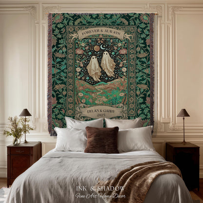 Celestial Ghost Lovers Woven Throw Personalized Couple Tapestry Forever & Always Starlit Courtship Teal Dreamscape Anniversary Heirloom Gift