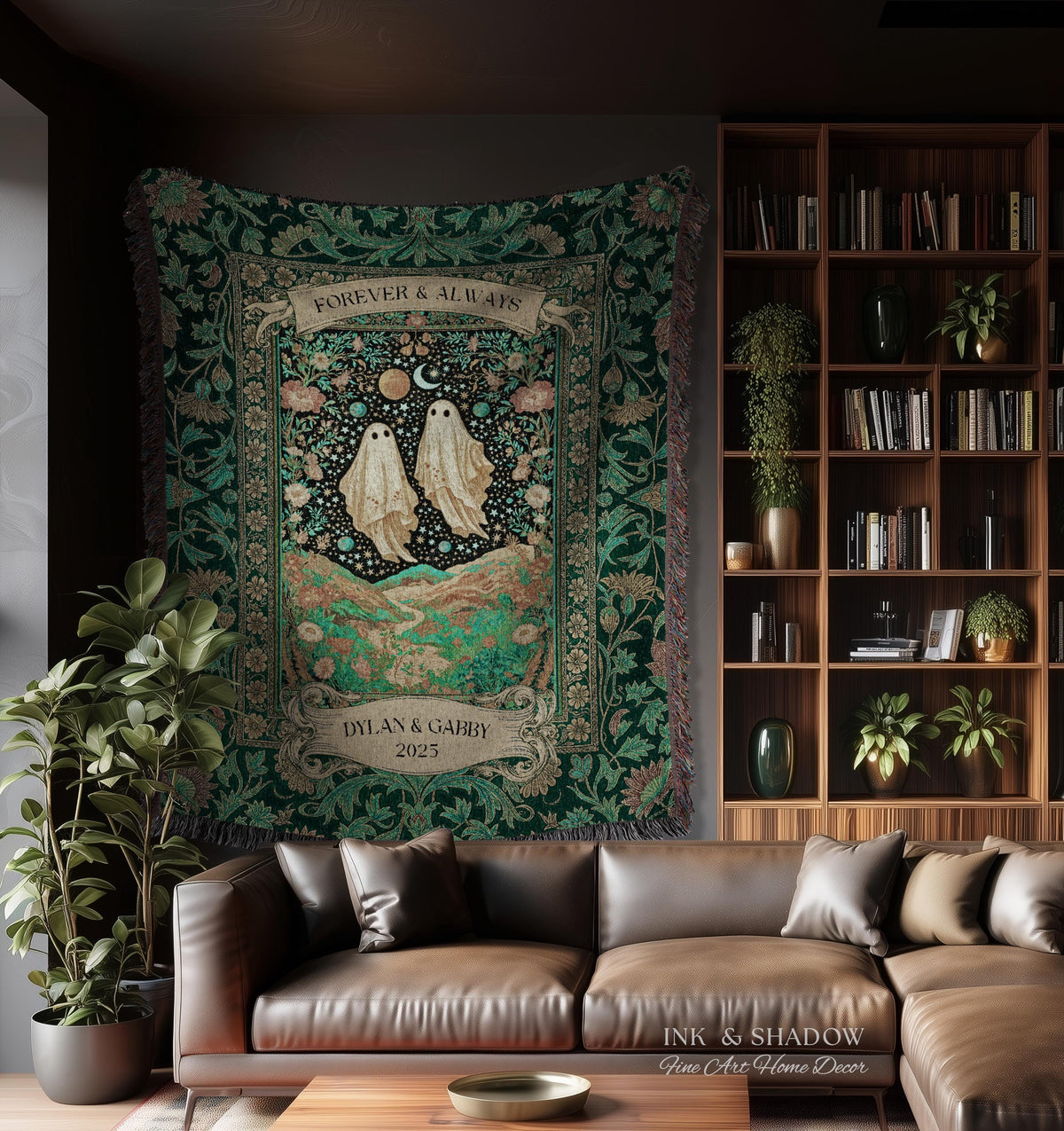 Celestial Ghost Lovers Woven Throw Personalized Couple Tapestry Forever & Always Starlit Courtship Teal Dreamscape Anniversary Heirloom Gift