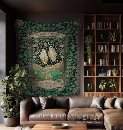 Celestial Ghost Lovers Woven Throw Personalized Couple Tapestry Forever & Always Starlit Courtship Teal Dreamscape Anniversary Heirloom Gift