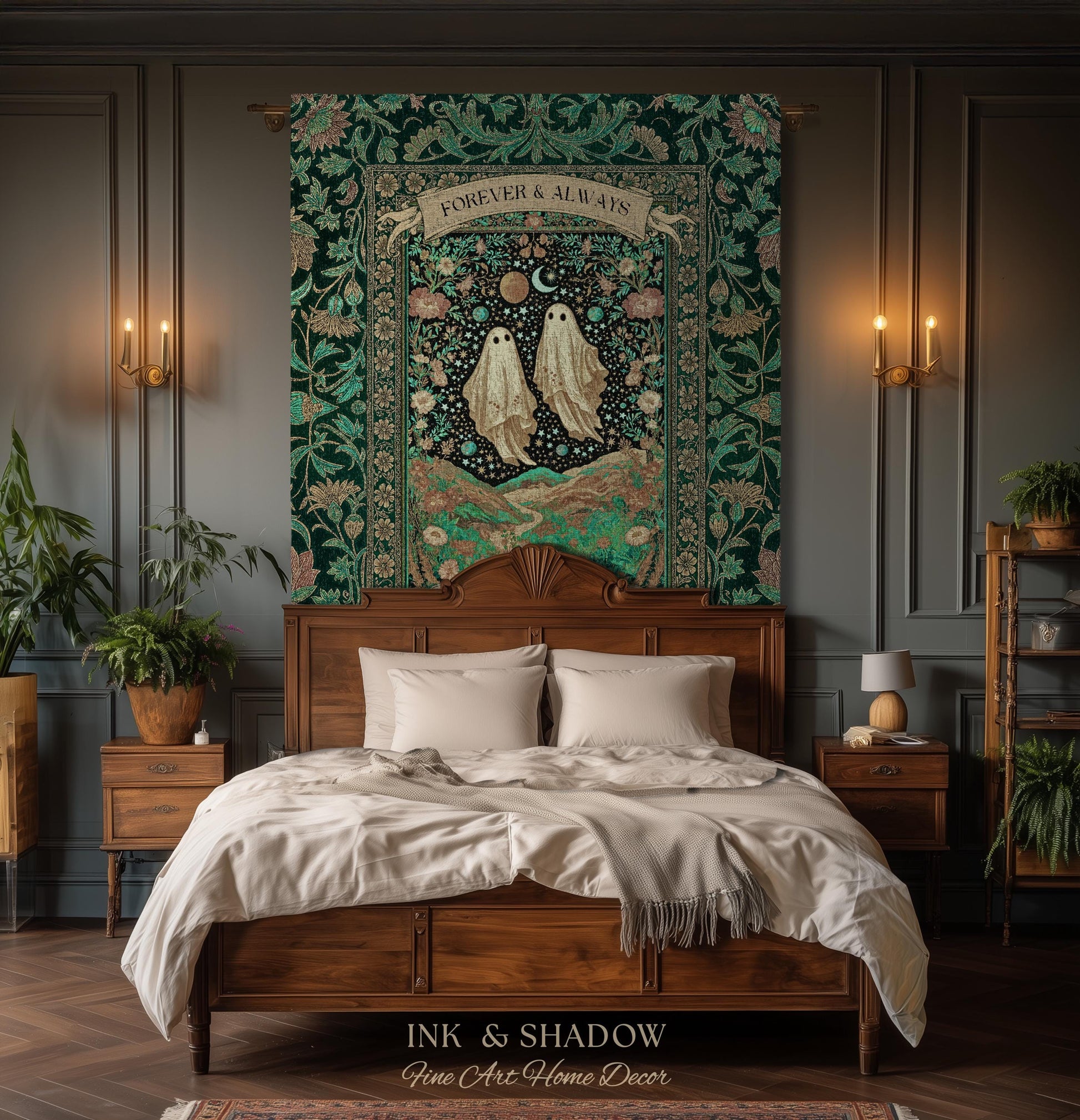 Celestial Ghost Lovers Woven Throw Personalized Couple Tapestry Forever & Always Starlit Courtship Teal Dreamscape Anniversary Heirloom Gift