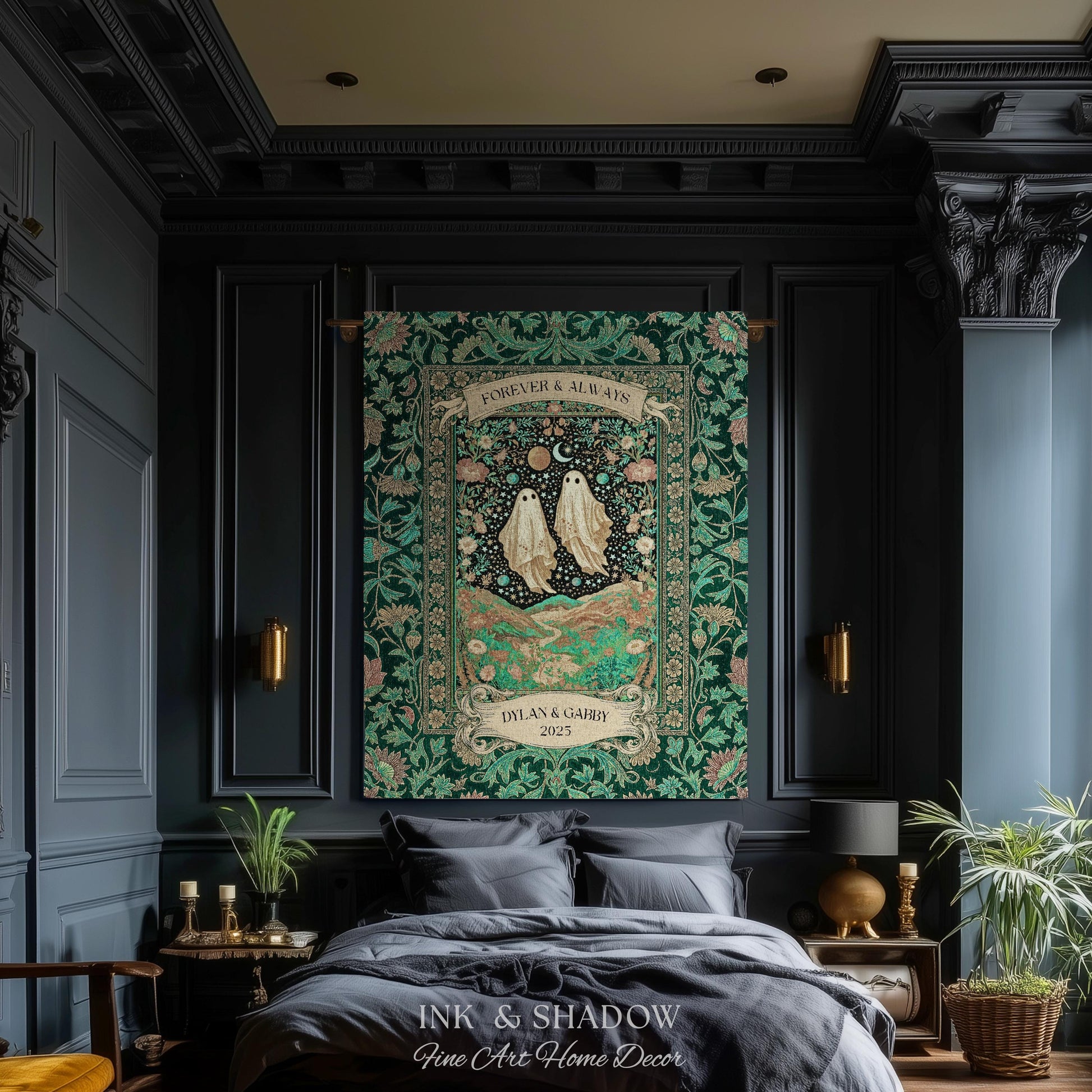 Celestial Ghost Lovers Woven Throw Personalized Couple Tapestry Forever & Always Starlit Courtship Teal Dreamscape Anniversary Heirloom Gift