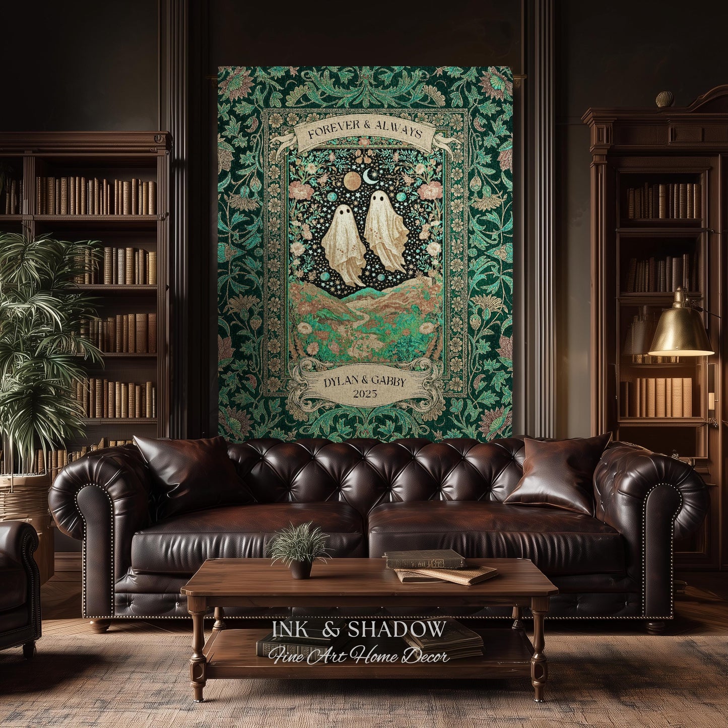 Celestial Ghost Lovers Woven Throw Personalized Couple Tapestry Forever & Always Starlit Courtship Teal Dreamscape Anniversary Heirloom Gift