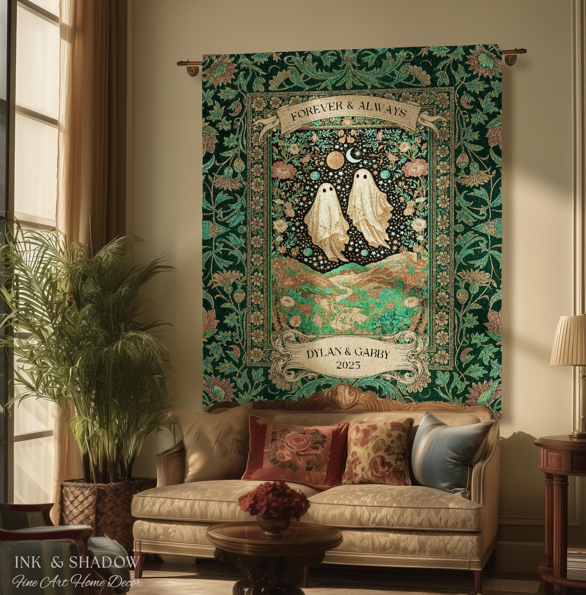 Celestial Ghost Lovers Woven Throw Personalized Couple Tapestry Forever & Always Starlit Courtship Teal Dreamscape Anniversary Heirloom Gift