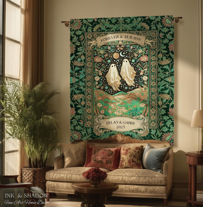 Celestial Ghost Lovers Woven Throw Personalized Couple Tapestry Forever & Always Starlit Courtship Teal Dreamscape Anniversary Heirloom Gift
