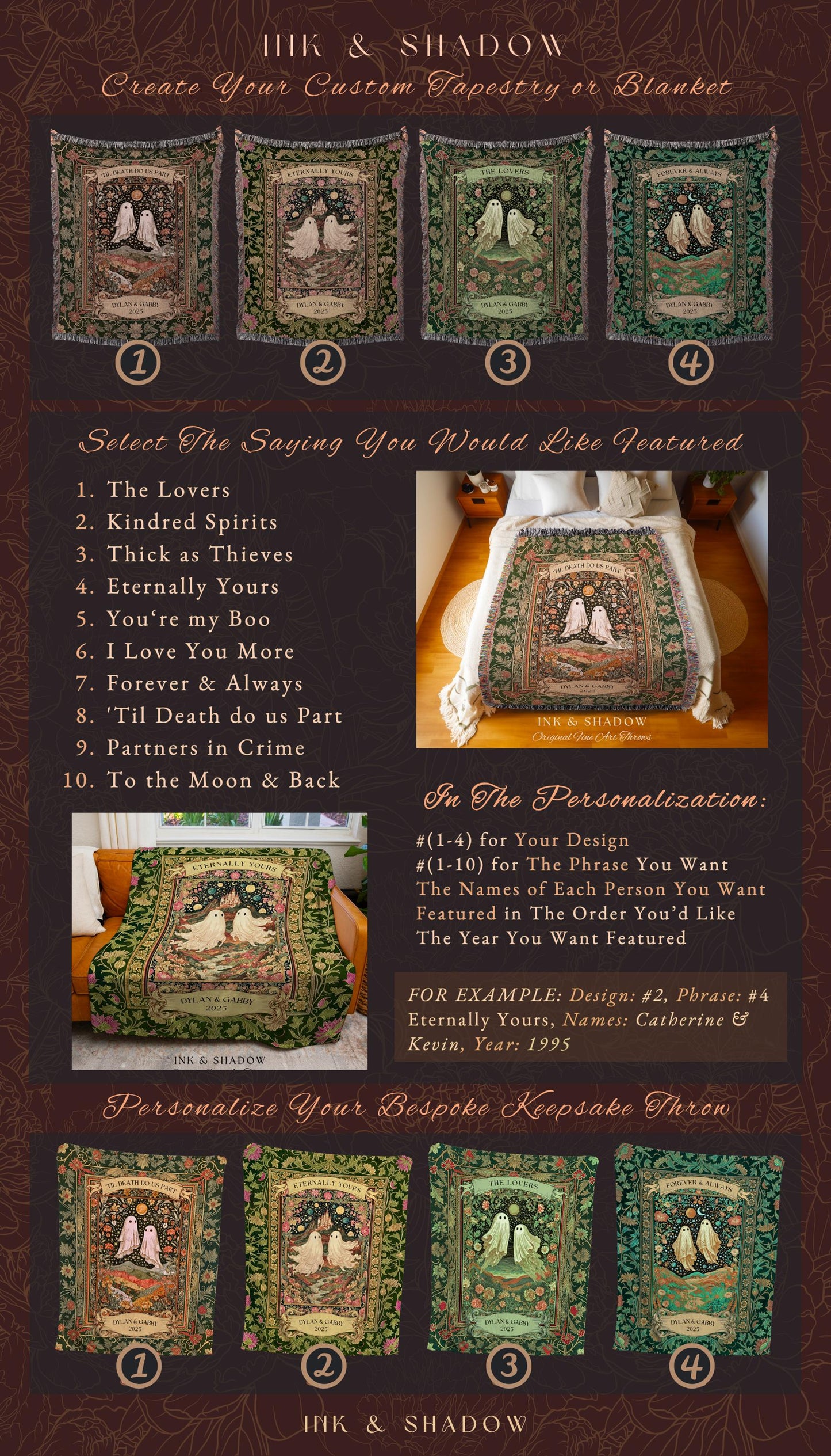 The Lovers Ghost Couple Floral Folklore Woven Throw Blanket Personalized Anniversary Keepsake, Enchanted Botanical Moonlit Cozy Cute Wedding