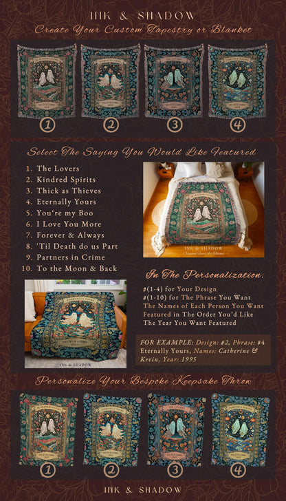 Personalized Ghost Wedding Tapestry | Gothic Halloween Tapestry Til Death Do Us Part Anniversary Gift Floral Woven Throw Witchy Whimsical