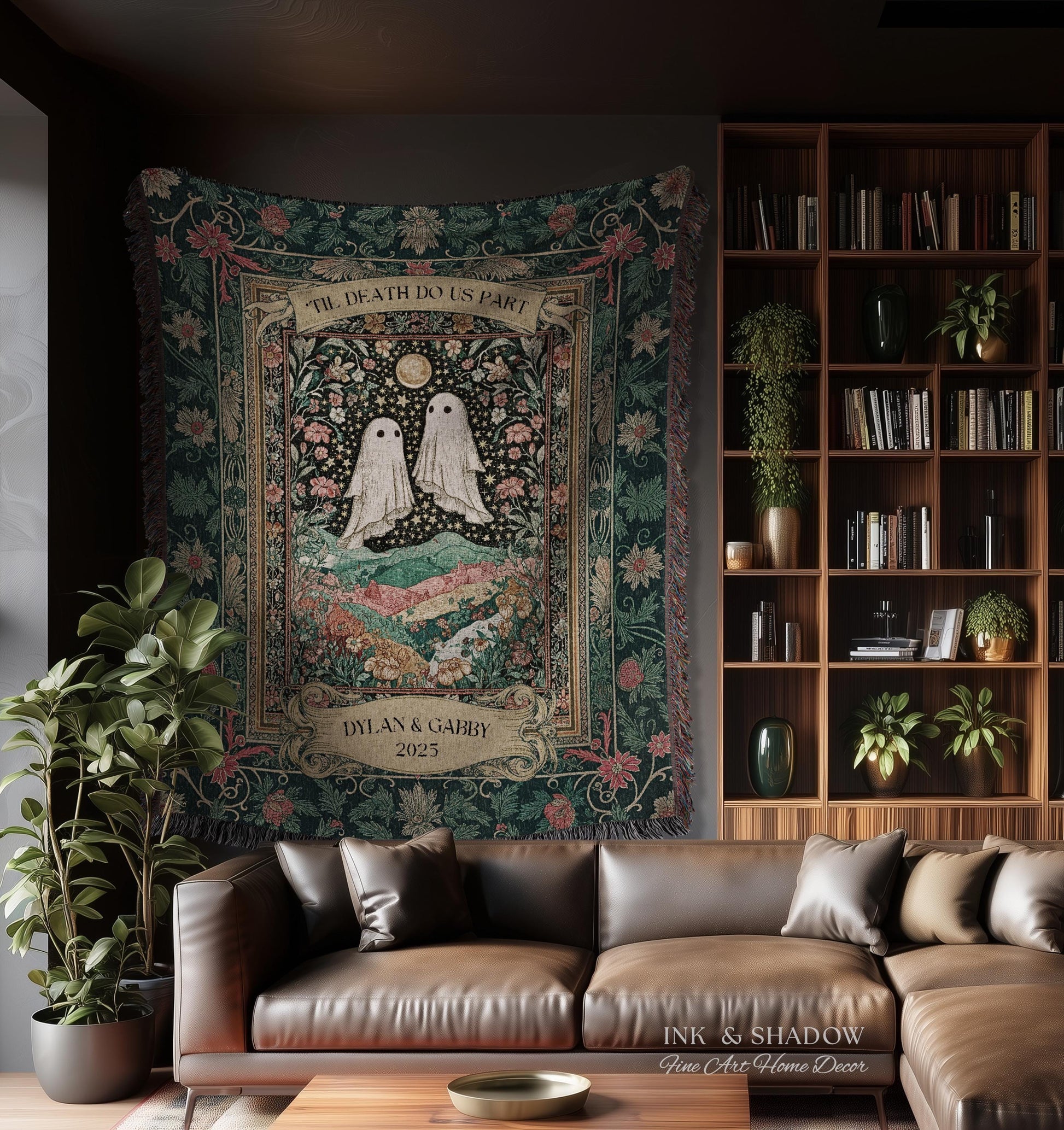 Personalized Ghost Wedding Tapestry | Gothic Halloween Tapestry Til Death Do Us Part Anniversary Gift Floral Woven Throw Witchy Whimsical