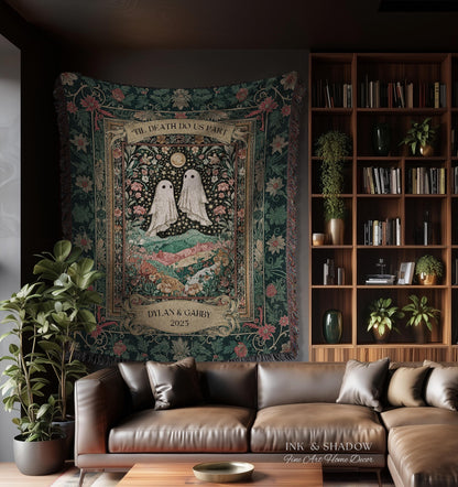 Personalized Ghost Wedding Tapestry | Gothic Halloween Tapestry Til Death Do Us Part Anniversary Gift Floral Woven Throw Witchy Whimsical
