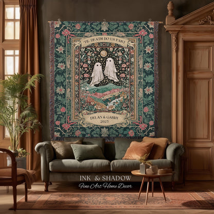 Personalized Ghost Wedding Tapestry | Gothic Halloween Tapestry Til Death Do Us Part Anniversary Gift Floral Woven Throw Witchy Whimsical