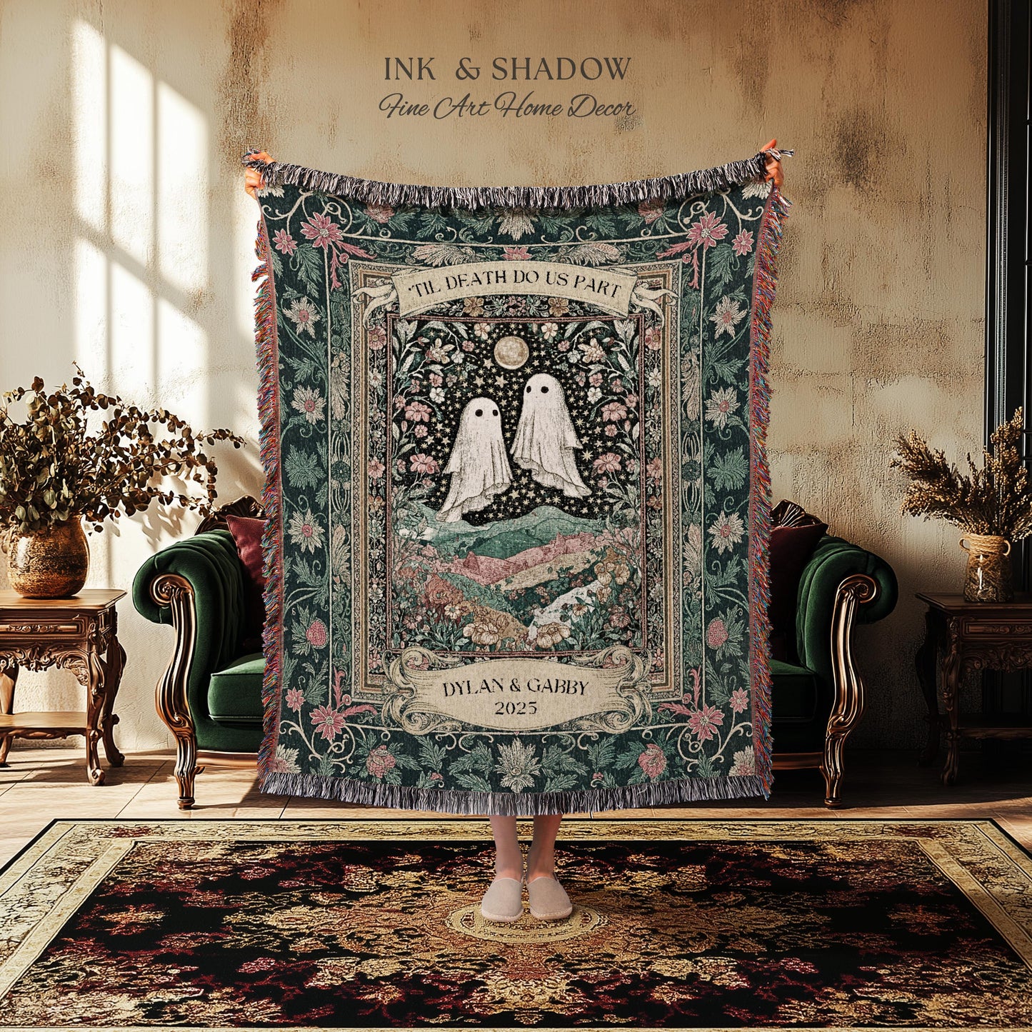 Personalized Ghost Wedding Tapestry | Gothic Halloween Tapestry Til Death Do Us Part Anniversary Gift Floral Woven Throw Witchy Whimsical