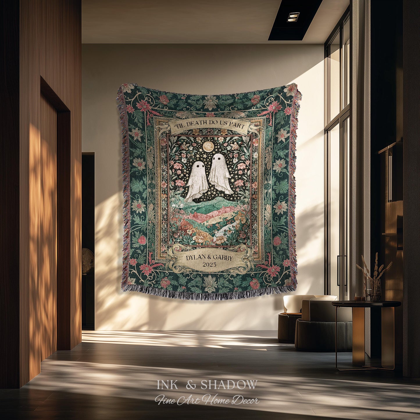 Personalized Ghost Wedding Tapestry | Gothic Halloween Tapestry Til Death Do Us Part Anniversary Gift Floral Woven Throw Witchy Whimsical