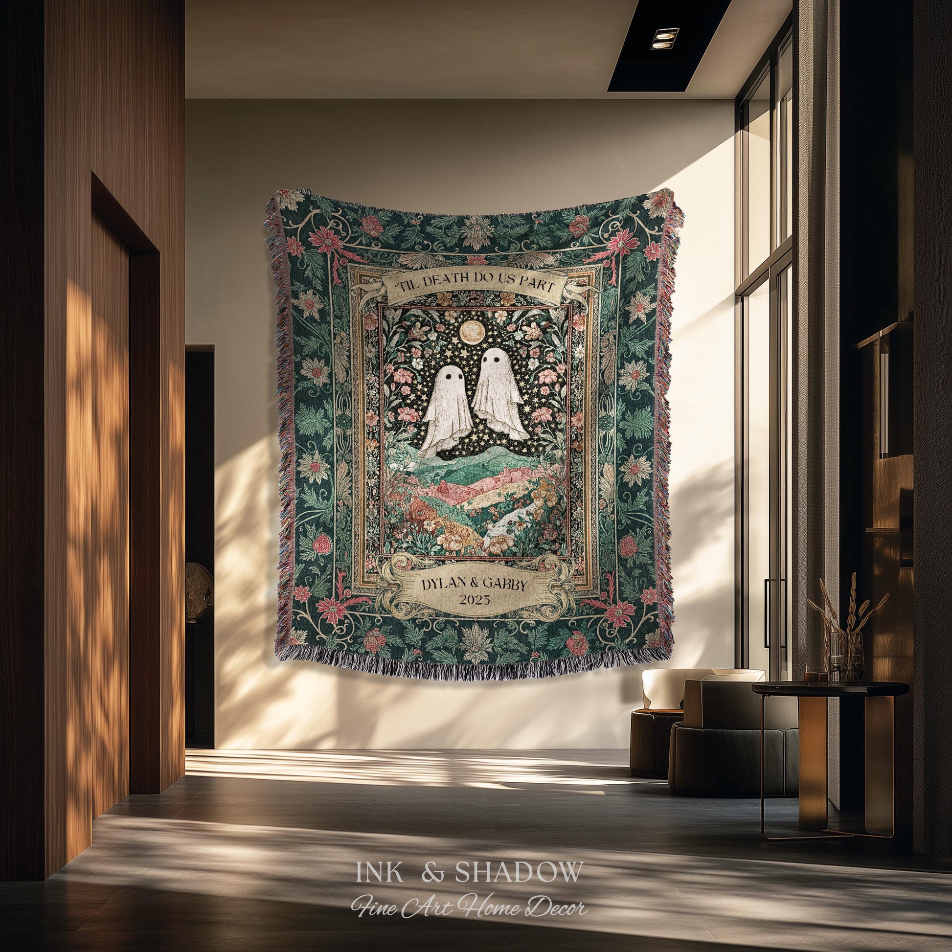 Personalized Ghost Wedding Tapestry | Gothic Halloween Tapestry Til Death Do Us Part Anniversary Gift Floral Woven Throw Witchy Whimsical