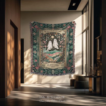 Personalized Ghost Wedding Tapestry | Gothic Halloween Tapestry Til Death Do Us Part Anniversary Gift Floral Woven Throw Witchy Whimsical
