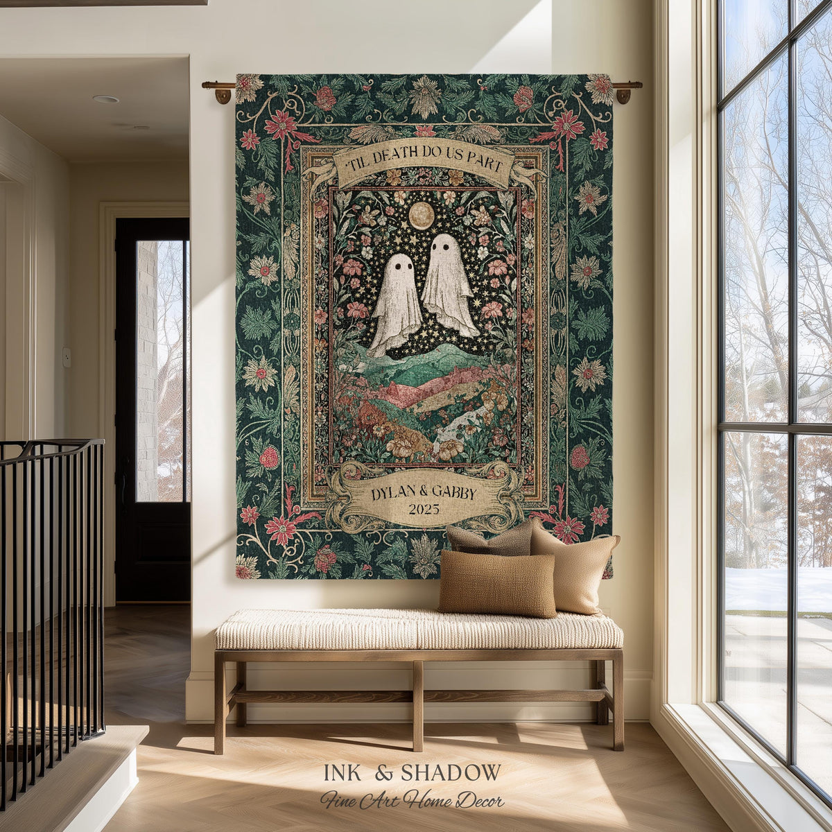 Personalized Ghost Wedding Tapestry | Gothic Halloween Tapestry Til Death Do Us Part Anniversary Gift Floral Woven Throw Witchy Whimsical