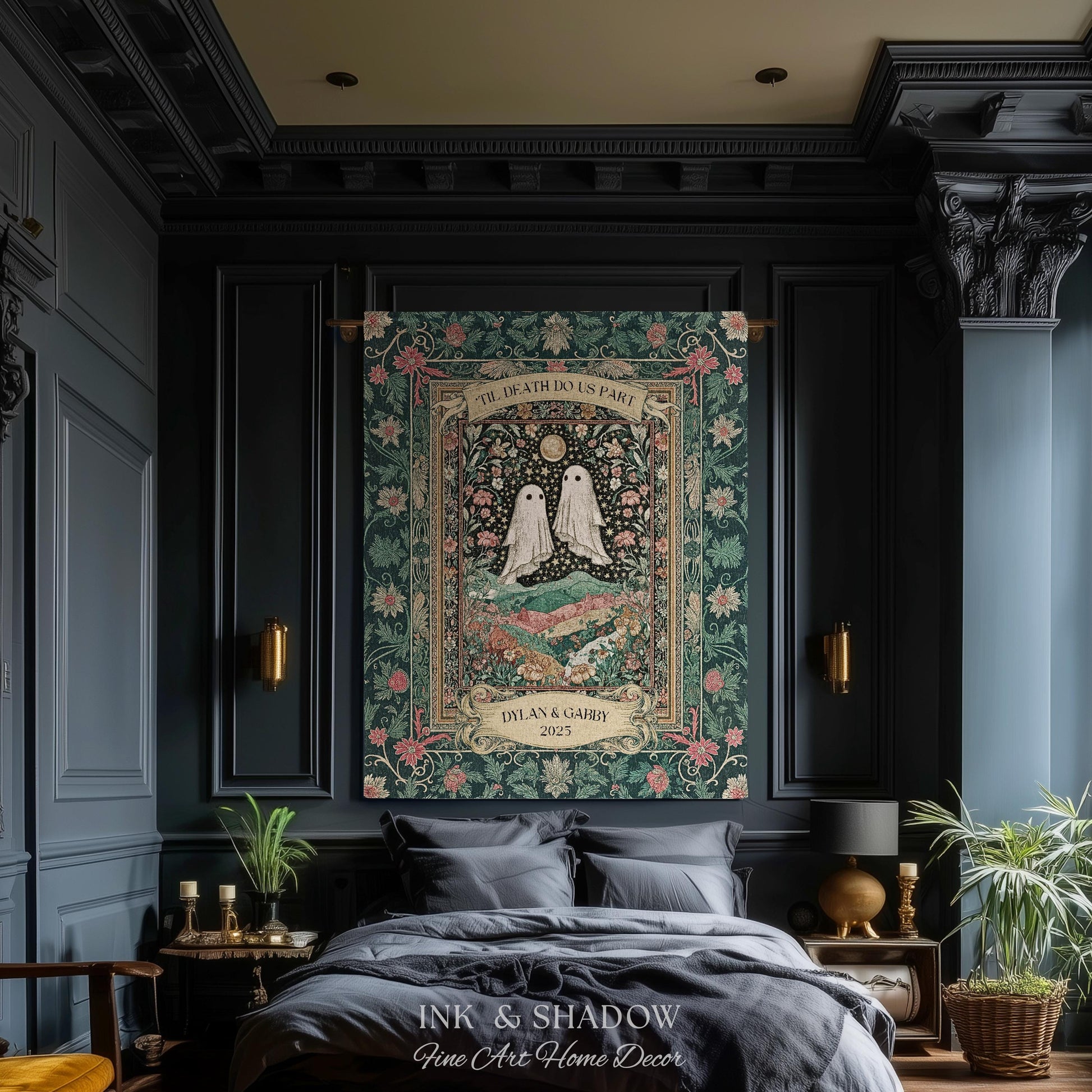 Personalized Ghost Wedding Tapestry | Gothic Halloween Tapestry Til Death Do Us Part Anniversary Gift Floral Woven Throw Witchy Whimsical