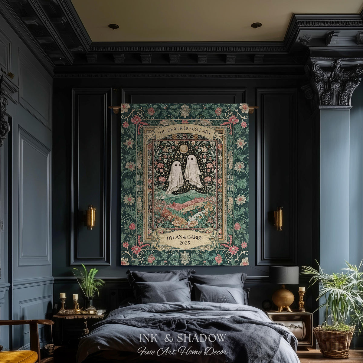 Personalized Ghost Wedding Tapestry | Gothic Halloween Tapestry Til Death Do Us Part Anniversary Gift Floral Woven Throw Witchy Whimsical