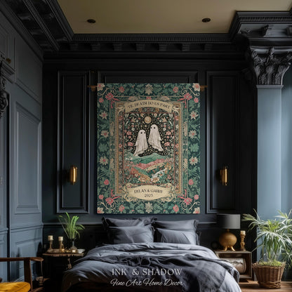 Personalized Ghost Wedding Tapestry | Gothic Halloween Tapestry Til Death Do Us Part Anniversary Gift Floral Woven Throw Witchy Whimsical