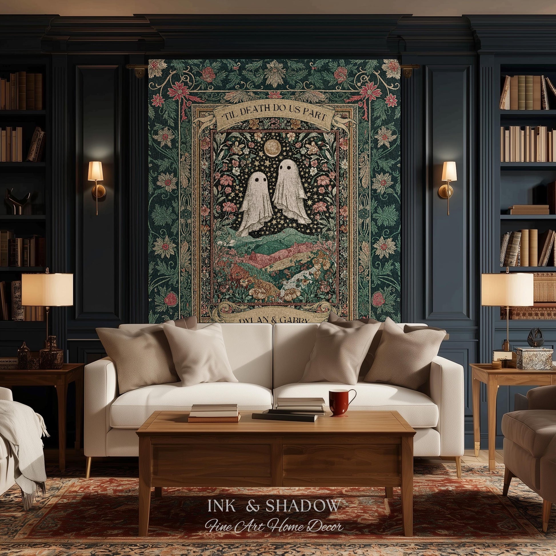 Personalized Ghost Wedding Tapestry | Gothic Halloween Tapestry Til Death Do Us Part Anniversary Gift Floral Woven Throw Witchy Whimsical