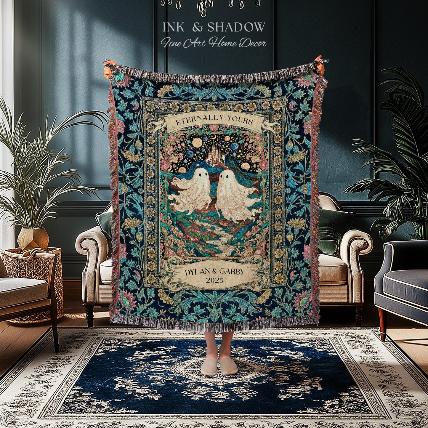 Haunted Castle Ghost Couple Custom | Woven Throw Blanket Eternally Yours Wedding Anniversary Gift Gothic Floral Tapestry Decor Personalized