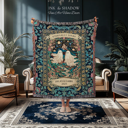 Haunted Castle Ghost Couple Custom | Woven Throw Blanket Eternally Yours Wedding Anniversary Gift Gothic Floral Tapestry Decor Personalized