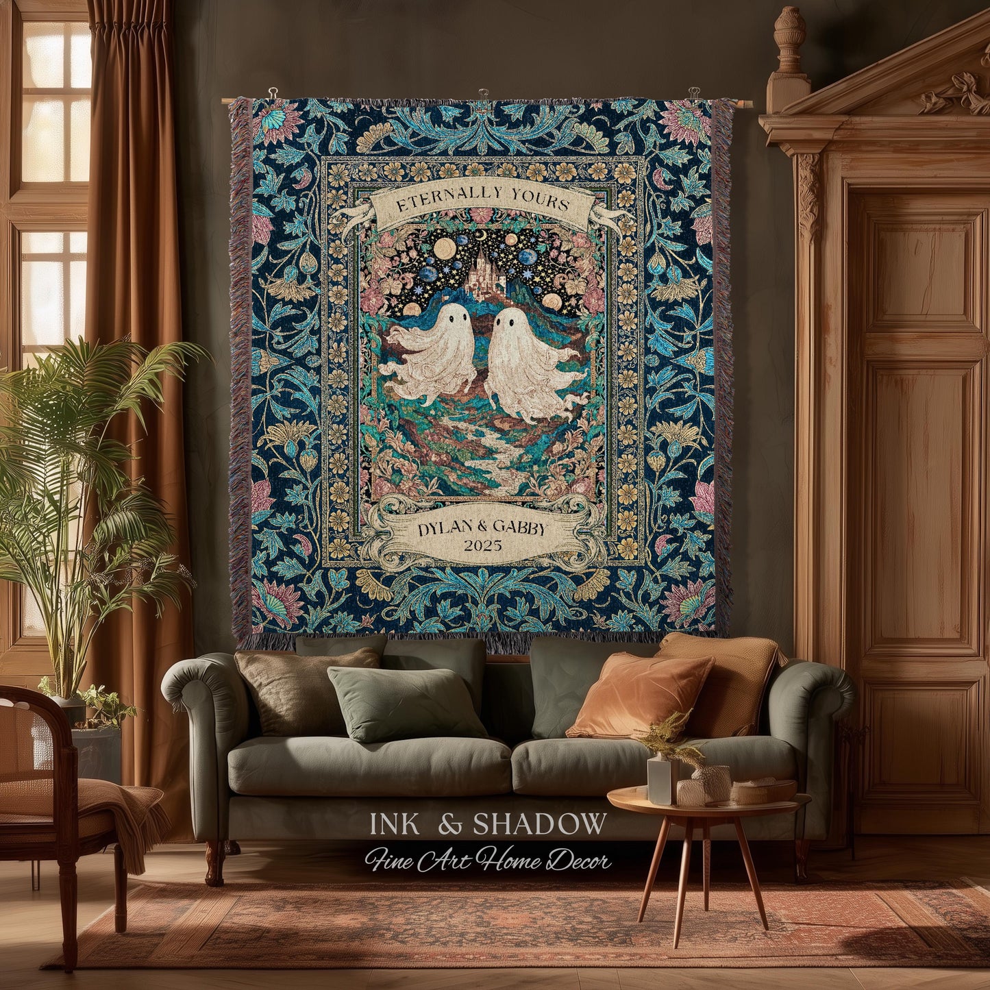 Haunted Castle Ghost Couple Custom | Woven Throw Blanket Eternally Yours Wedding Anniversary Gift Gothic Floral Tapestry Decor Personalized
