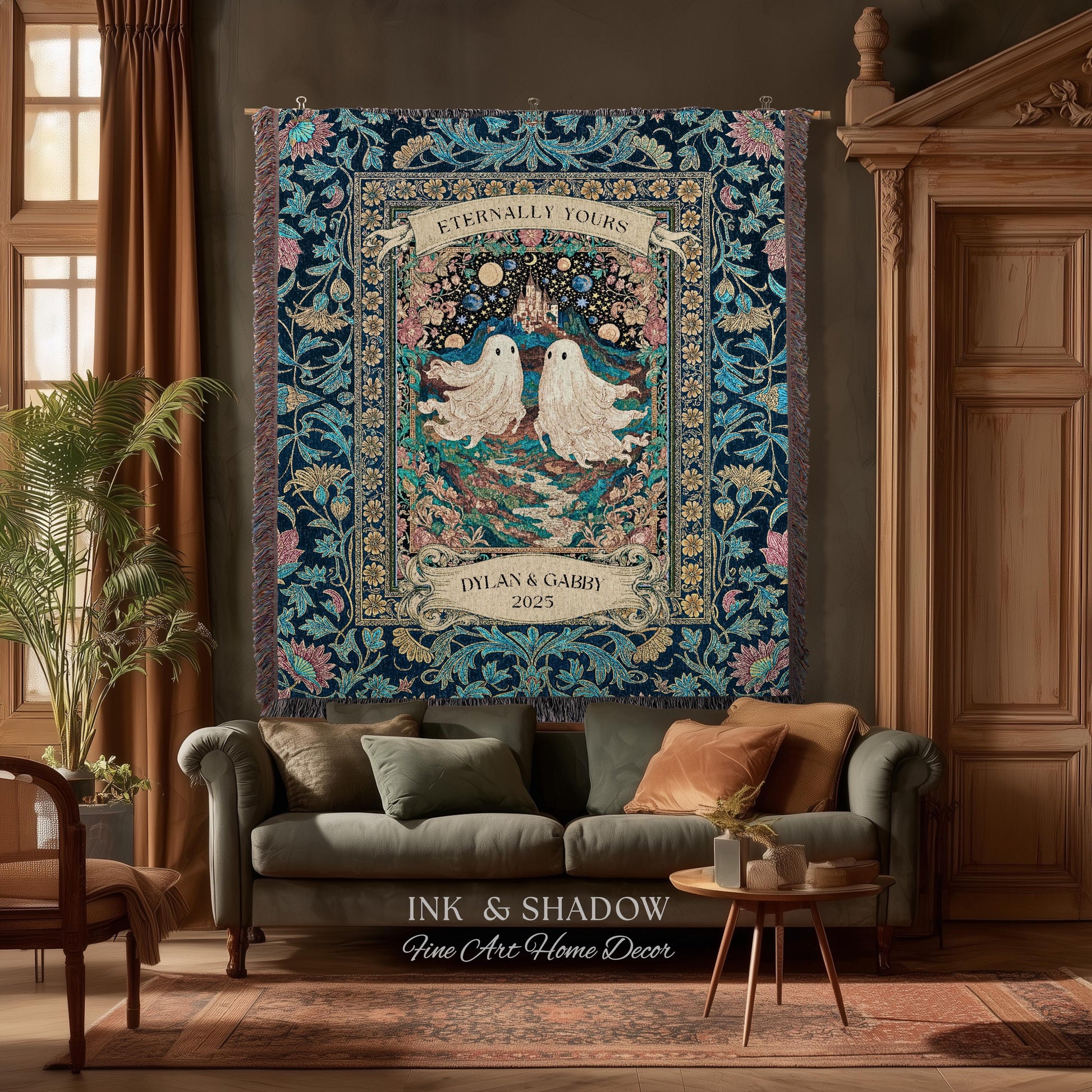 Haunted Castle Ghost Couple Custom | Woven Throw Blanket Eternally Yours Wedding Anniversary Gift Gothic Floral Tapestry Decor Personalized