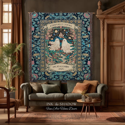 Haunted Castle Ghost Couple Custom | Woven Throw Blanket Eternally Yours Wedding Anniversary Gift Gothic Floral Tapestry Decor Personalized