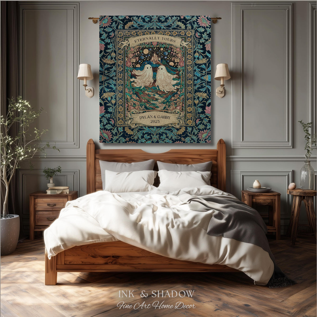 Haunted Castle Ghost Couple Custom | Woven Throw Blanket Eternally Yours Wedding Anniversary Gift Gothic Floral Tapestry Decor Personalized