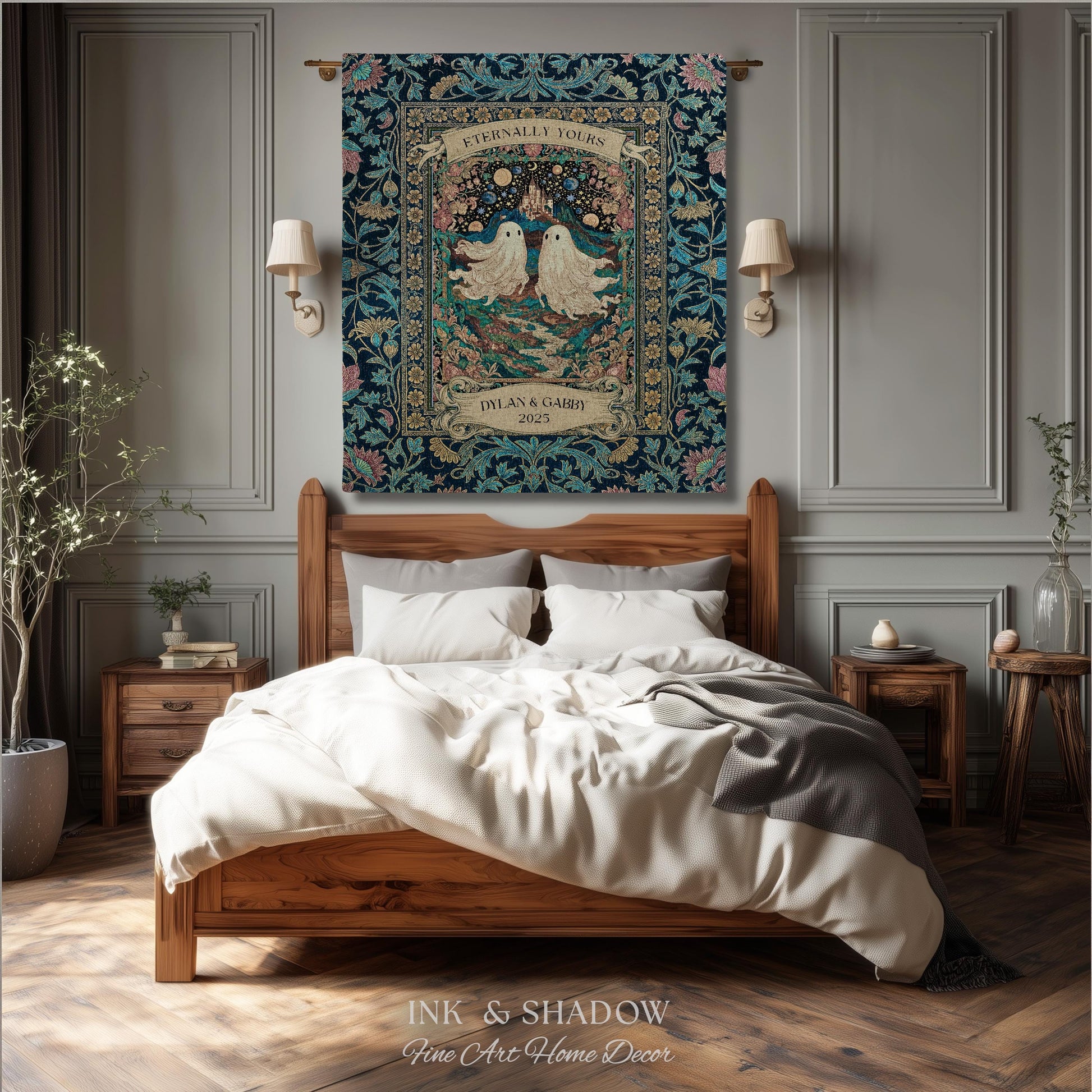 Haunted Castle Ghost Couple Custom | Woven Throw Blanket Eternally Yours Wedding Anniversary Gift Gothic Floral Tapestry Decor Personalized