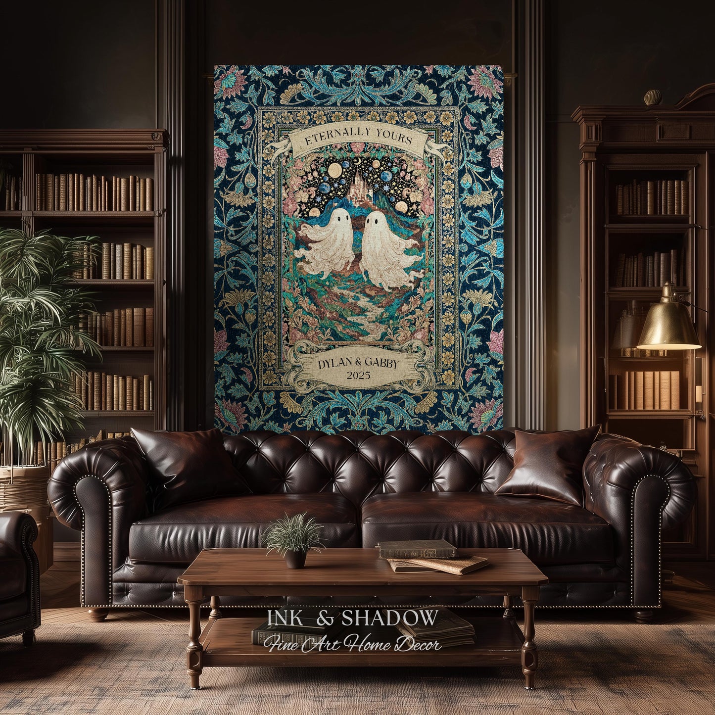 Haunted Castle Ghost Couple Custom | Woven Throw Blanket Eternally Yours Wedding Anniversary Gift Gothic Floral Tapestry Decor Personalized