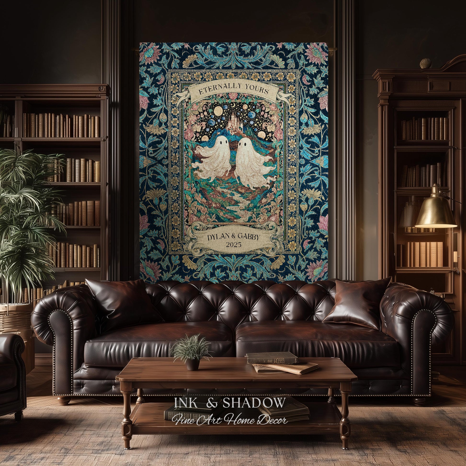 Haunted Castle Ghost Couple Custom | Woven Throw Blanket Eternally Yours Wedding Anniversary Gift Gothic Floral Tapestry Decor Personalized
