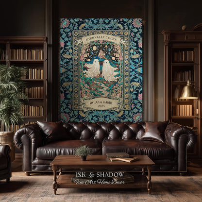 Haunted Castle Ghost Couple Custom | Woven Throw Blanket Eternally Yours Wedding Anniversary Gift Gothic Floral Tapestry Decor Personalized