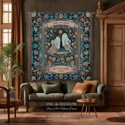 The Ghost Lovers Couple Tapestry | Woven Throw Blanket Gothic Dating Anniversary Gift Personalized Spooky Tapestry Decor Romantic Wall Art