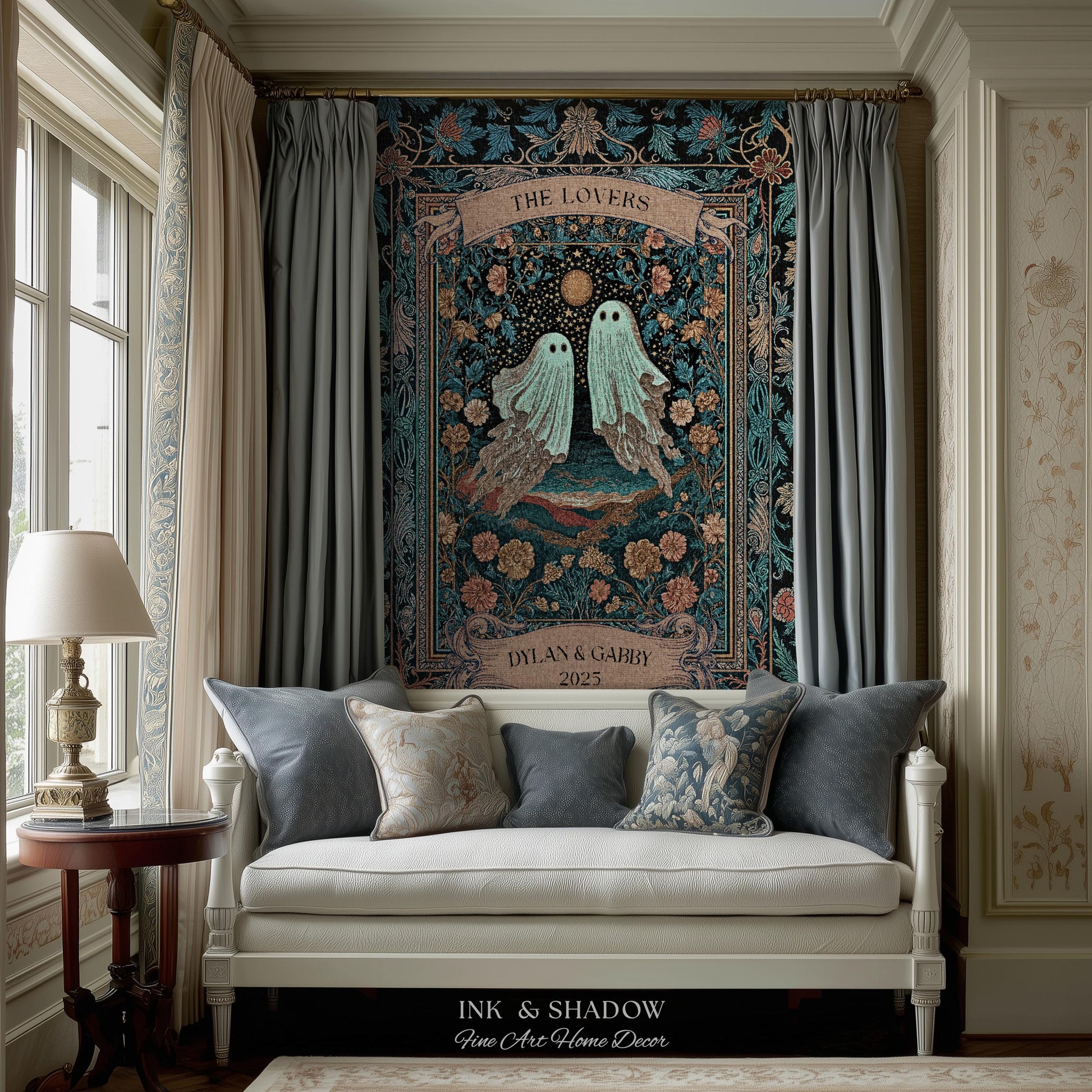The Ghost Lovers Couple Tapestry | Woven Throw Blanket Gothic Dating Anniversary Gift Personalized Spooky Tapestry Decor Romantic Wall Art