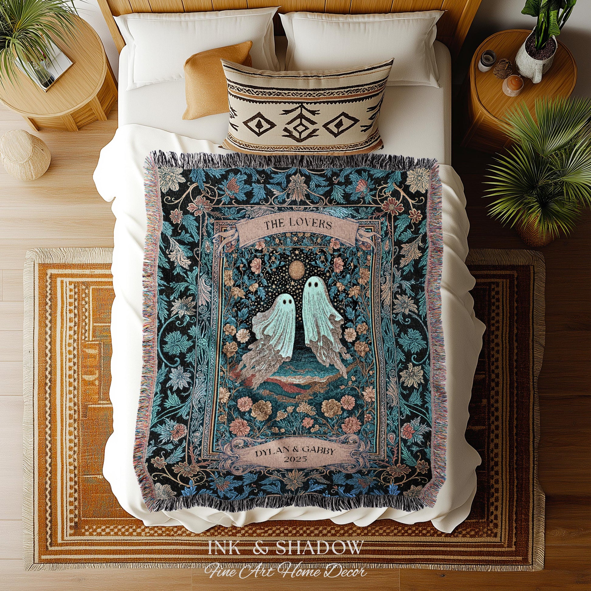 The Ghost Lovers Couple Tapestry | Woven Throw Blanket Gothic Dating Anniversary Gift Personalized Spooky Tapestry Decor Romantic Wall Art