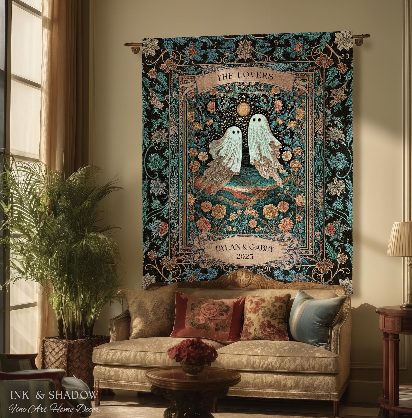 The Ghost Lovers Couple Tapestry | Woven Throw Blanket Gothic Dating Anniversary Gift Personalized Spooky Tapestry Decor Romantic Wall Art