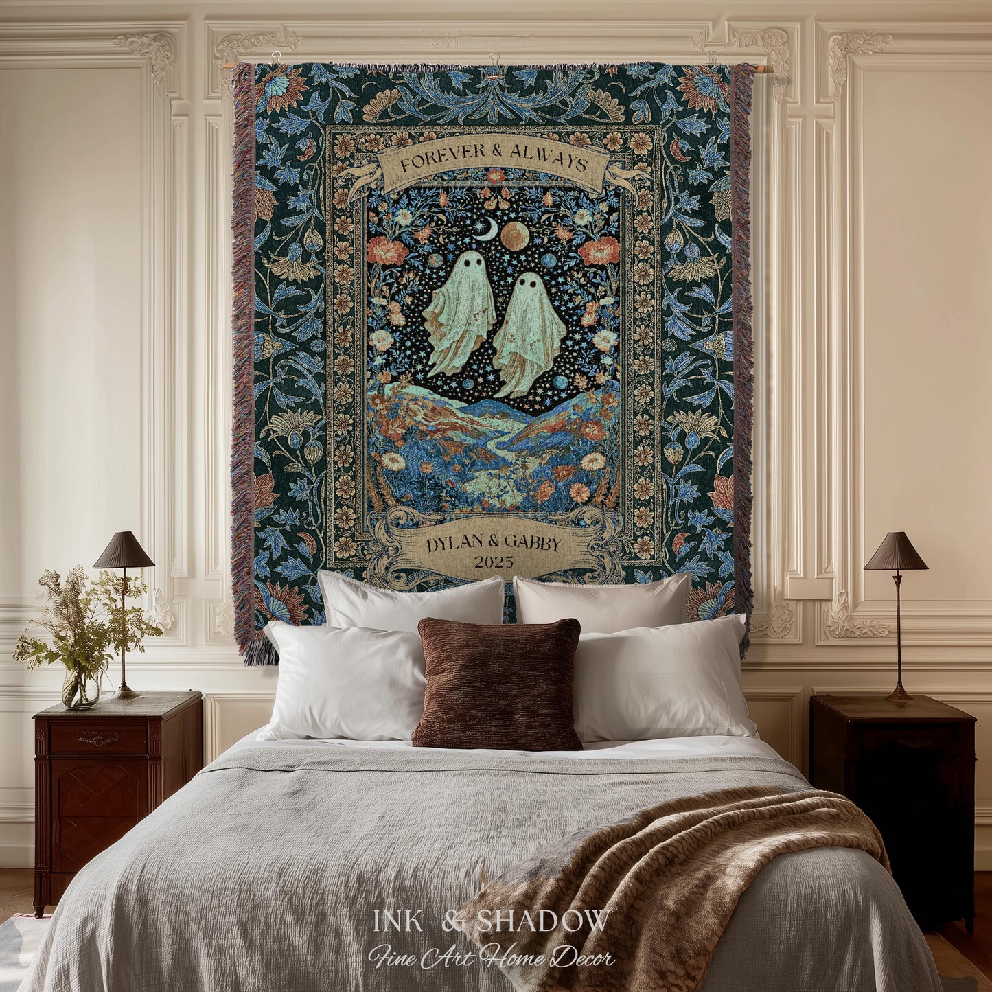 Moonlit Cosmic Ghost Lovers Tapestry | Forever And Always Couple Woven Throw Blanket Custom Names Wedding Keepsake For Goth Anniversary