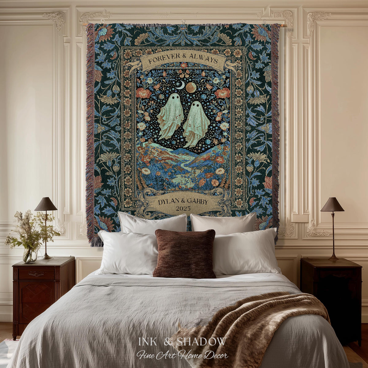 Moonlit Cosmic Ghost Lovers Tapestry | Forever And Always Couple Woven Throw Blanket Custom Names Wedding Keepsake For Goth Anniversary