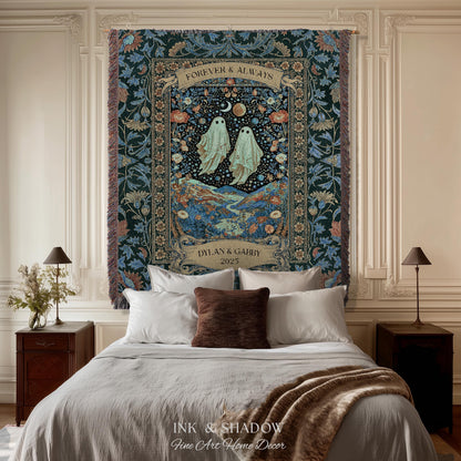 Moonlit Cosmic Ghost Lovers Tapestry | Forever And Always Couple Woven Throw Blanket Custom Names Wedding Keepsake For Goth Anniversary